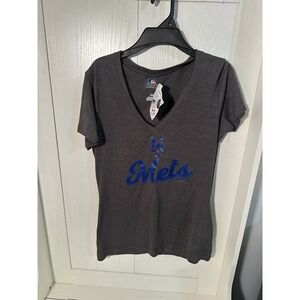 MLB New York Mets Women's Gray  Logo V-Neck Short Sleeve Shirt Size M Gray